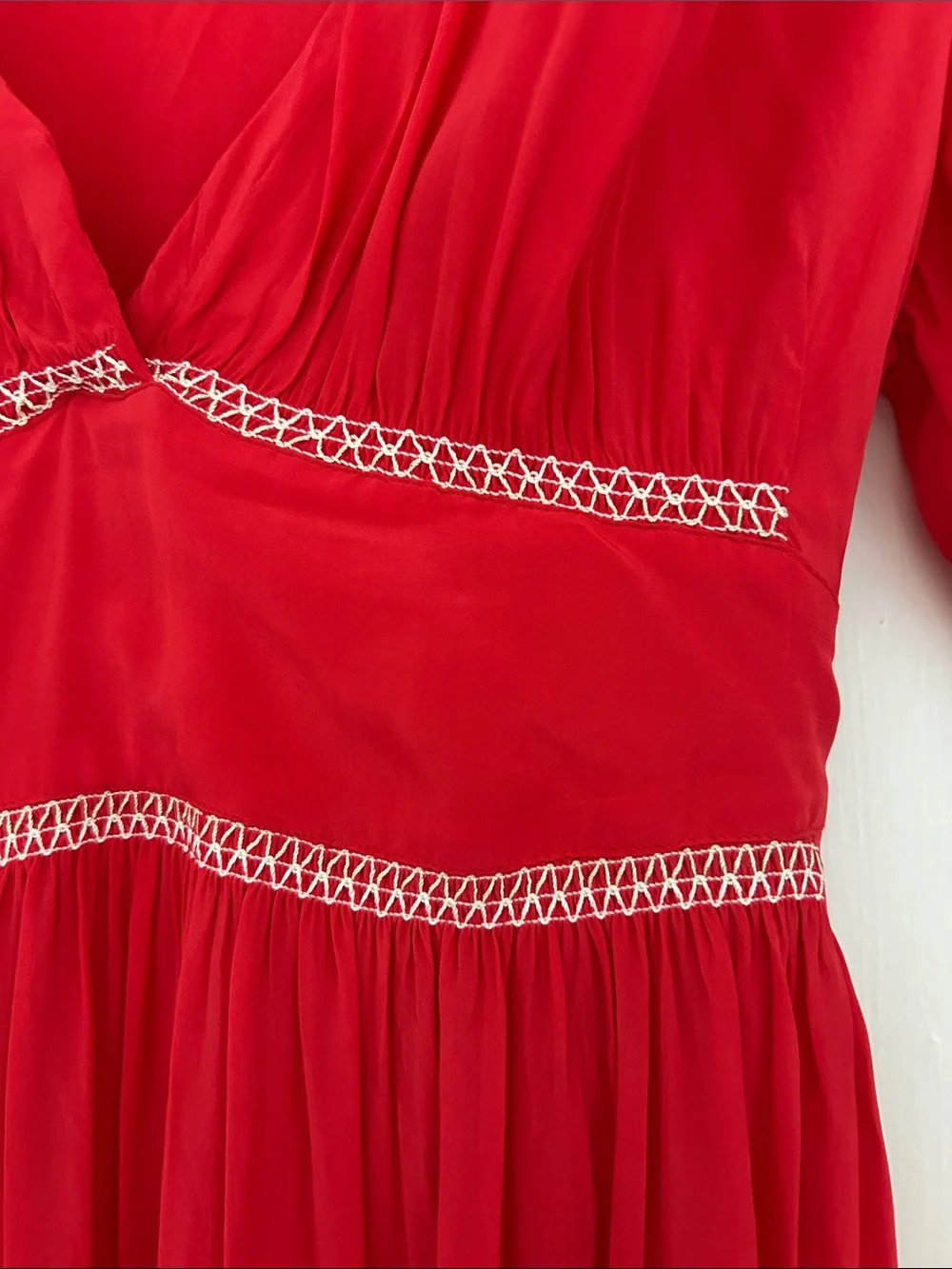 J. Crew Crimson Red V-Neck Maxi Dress with Embroidered Trim